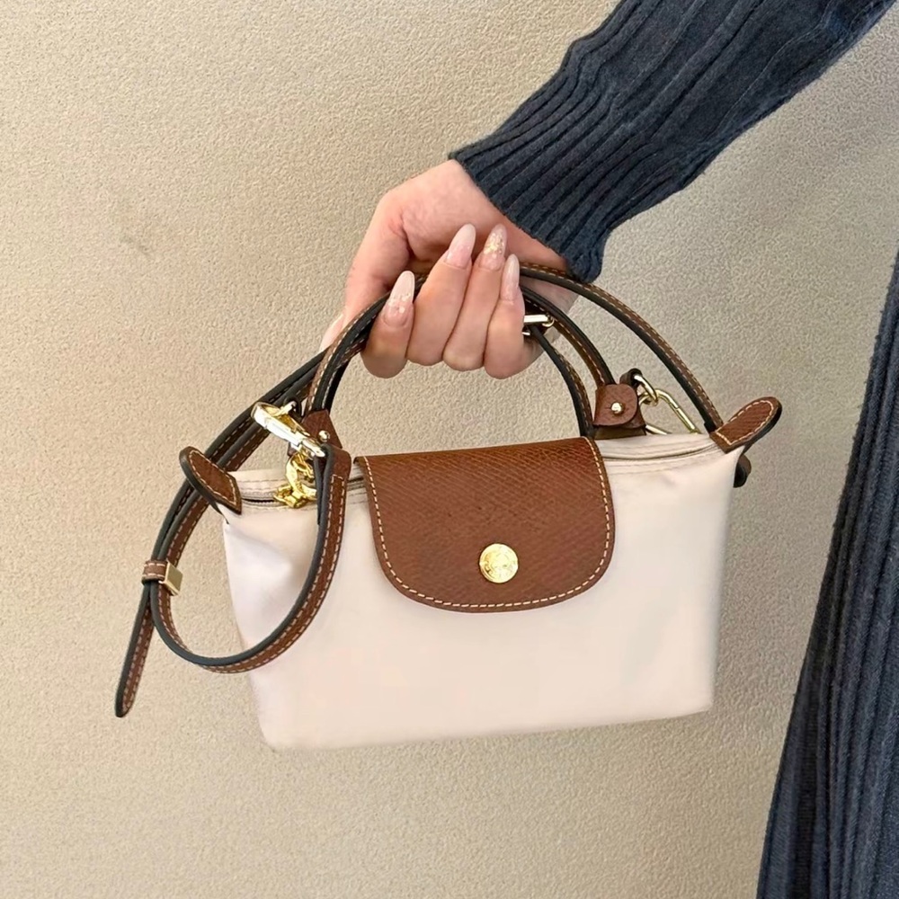 Longchamp Mini Tote in Cream with Brown Trim